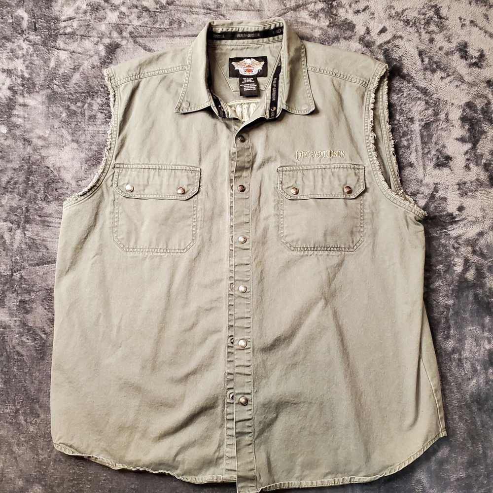 Harley-Davidson Grey/ Green Button-Up Vest with Patch Logo